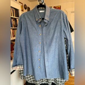 Denim Oxford button down dress shirt, camel plaid print at sleeves and collar